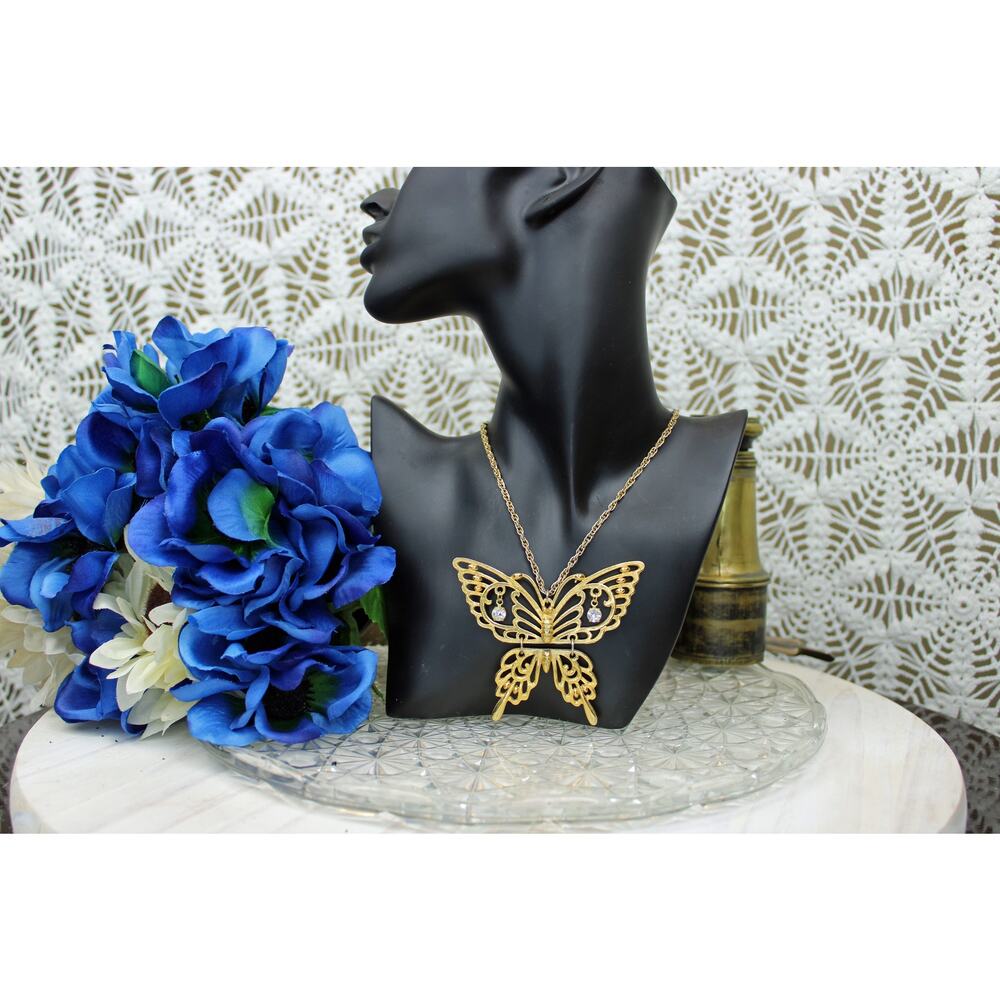 Vintage Rafaelian Gold Tone Articulated Butterfly Rhinestone Necklace